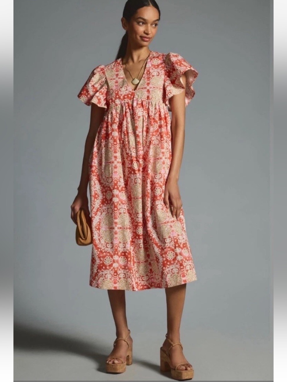 Anthropologie Maeve Printed Flutter-Sleeve Babydoll Dress Pink Combo Boho